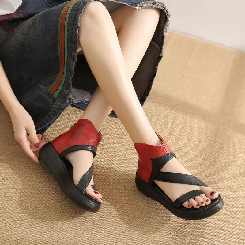 

2019 Summer New 100% Leather Sandals Women's Thick-soled Muffin with Wedges Retro Roman Style Open Toe Beach Sandals Yeeloca