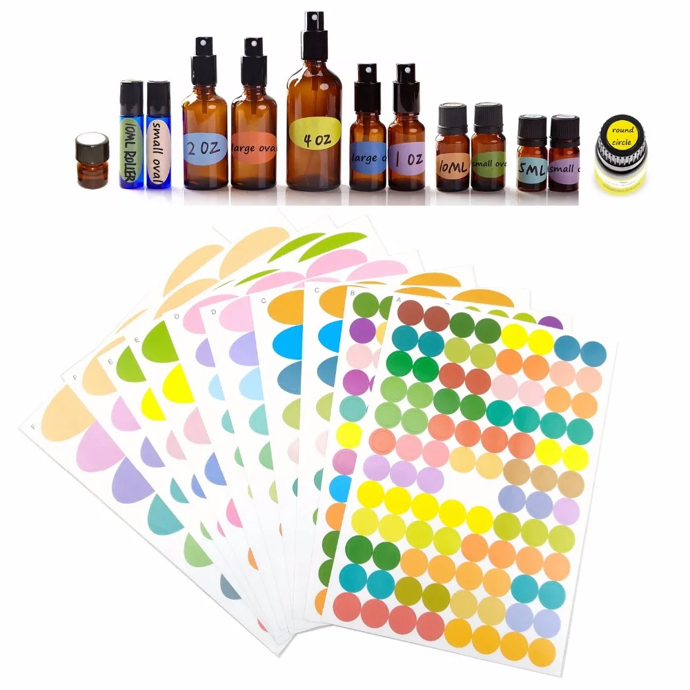 1 Set 10 Lembar Kaca Berwarna Minyak Atsiri Botol Tutup Cap Label Beberapa Ukuran Termasuk Kosong Lingkaran Bulat Oval Stiker