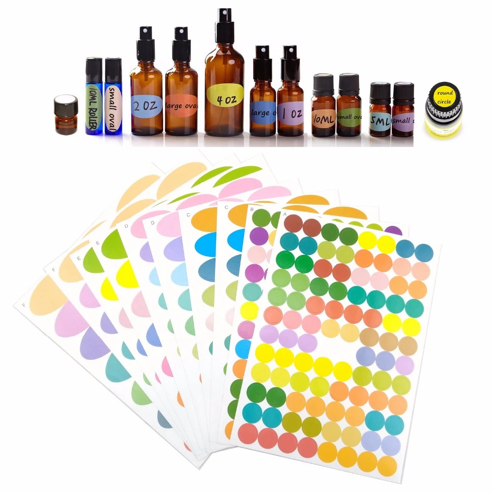 1 set 10 sheets Colorful Glass Essential Oil Bottle Cap Lid Labels Multiple Size includes Blank Round Circles Ovals Stickers