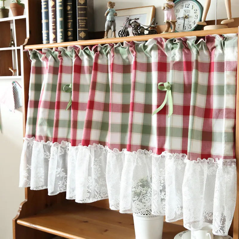 

Pastoral Style Red Green Plaid Bow-knot Splice White Lace Multi-function Decorative Short Curtain 60*130cm Customizable
