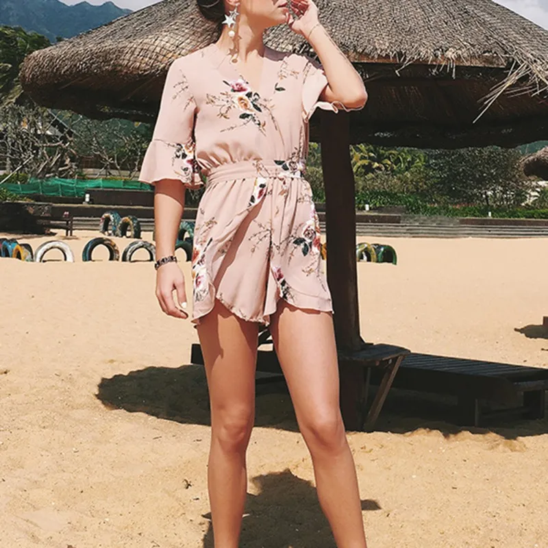 Boho Red Floral Print Ruffles Playsuits Women Elegant Chiffon White V Neck Jumpsuits Rompers Sexy Beach Girls Short Overalls Jumpsuits and Playsuits