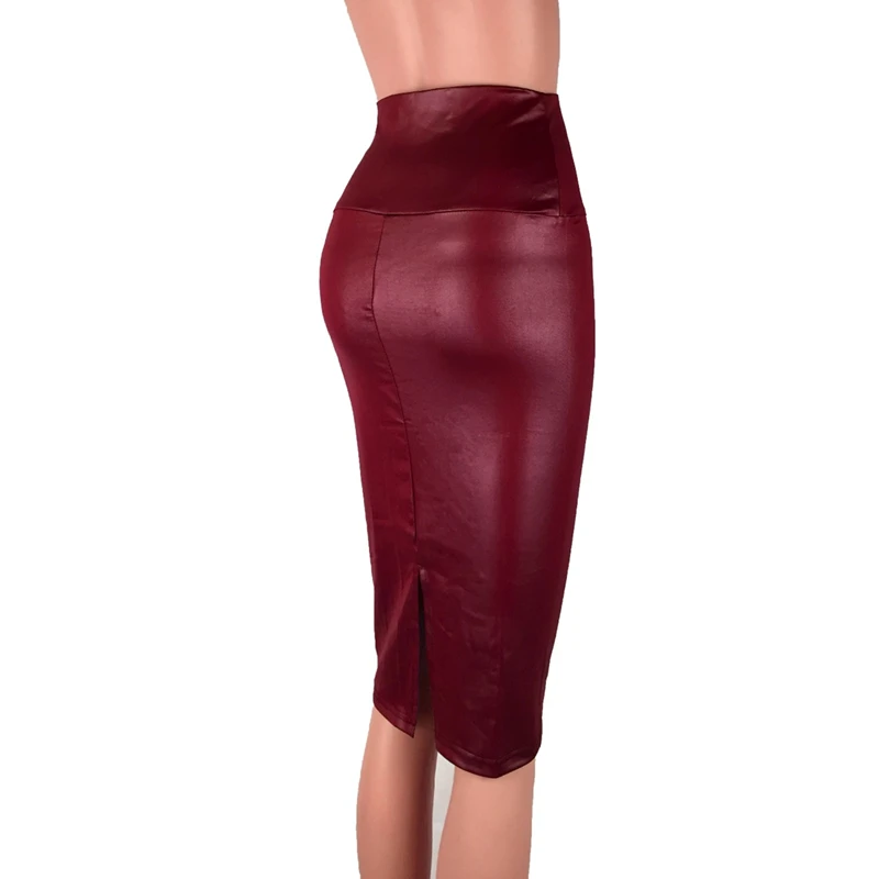 CHSDCSI Pencil Skirts Women PU Leather Skirt Solid Color High Waist Slim Hip Vintage Long Open Slit Clubwear Bodycon Sexy Skirt