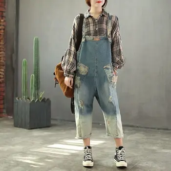 

new denim jumpsuits women nine minutes spring Rompers restoring ancient ways wide-legged cloth stitching overalls