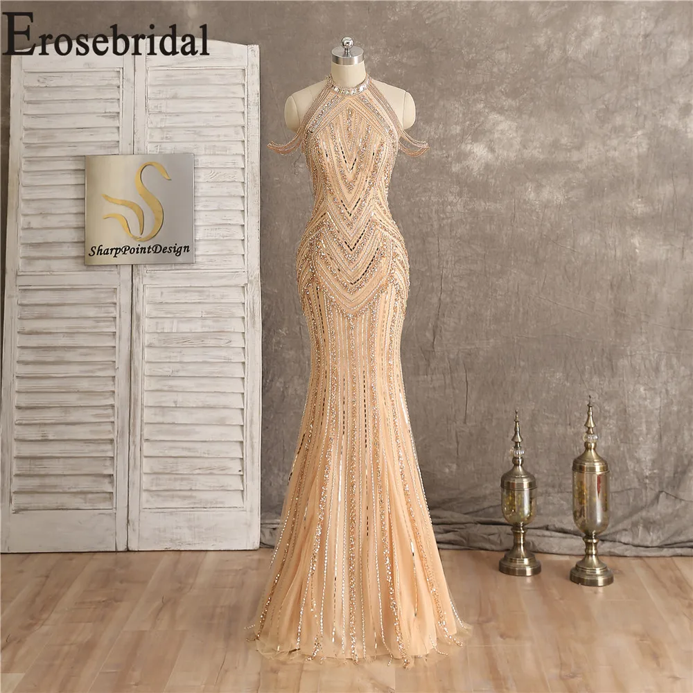 

Gold Luxury Evening Dress 2019 Formal Dresses Evening Gown with Off Shoulder Elegant High Collar with Train