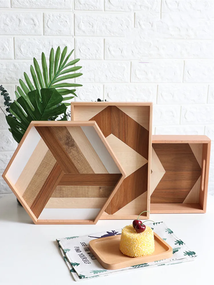 

Wooden Serving Tray Fruit Cake/Break/Snack Tray Nordic Rectangular Tea Cup Home Light Luxury Coffee Tea Plate