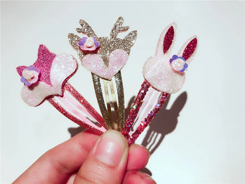 Boutique ins 12Sets Fashion Cute Glitter Deer Rabbit Snap Clips Floral Pig Fox Hairpins Princess Headwear Hair Accessories