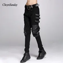 Новые модные повседневные мужские танцевальные штаны в стиле хип-хоп из искусственной кожи, кожаные лоскутные шаровары с карманами, женские обтягивающие спортивные штаны для улицы