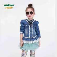 Children’s wear cowboy coat girls denim with lace jacket 2016 new arrived