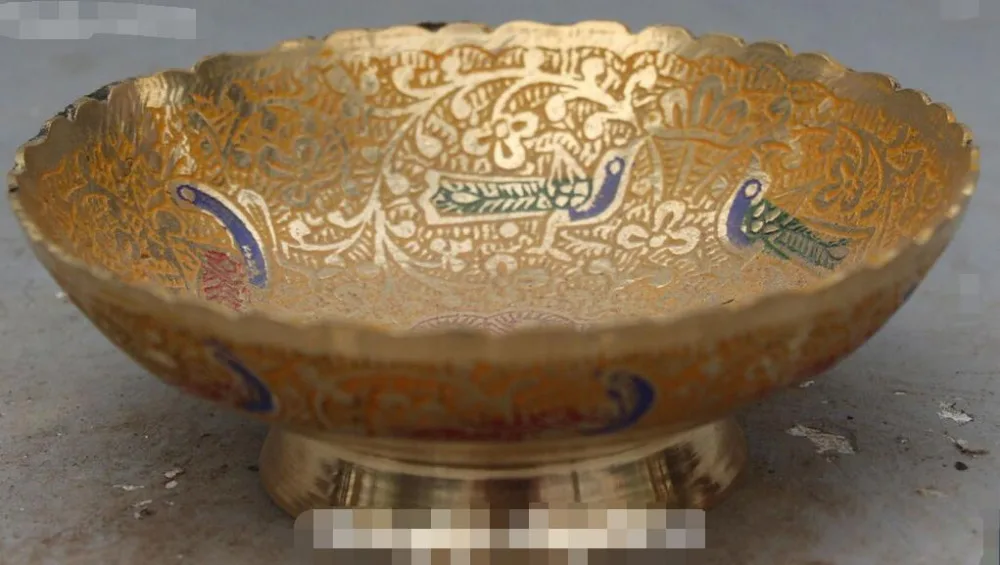 

Antique Chinese Bronze Painting Peacock Pavo Peafowl Maurya Bird Bowl Bowls Pot