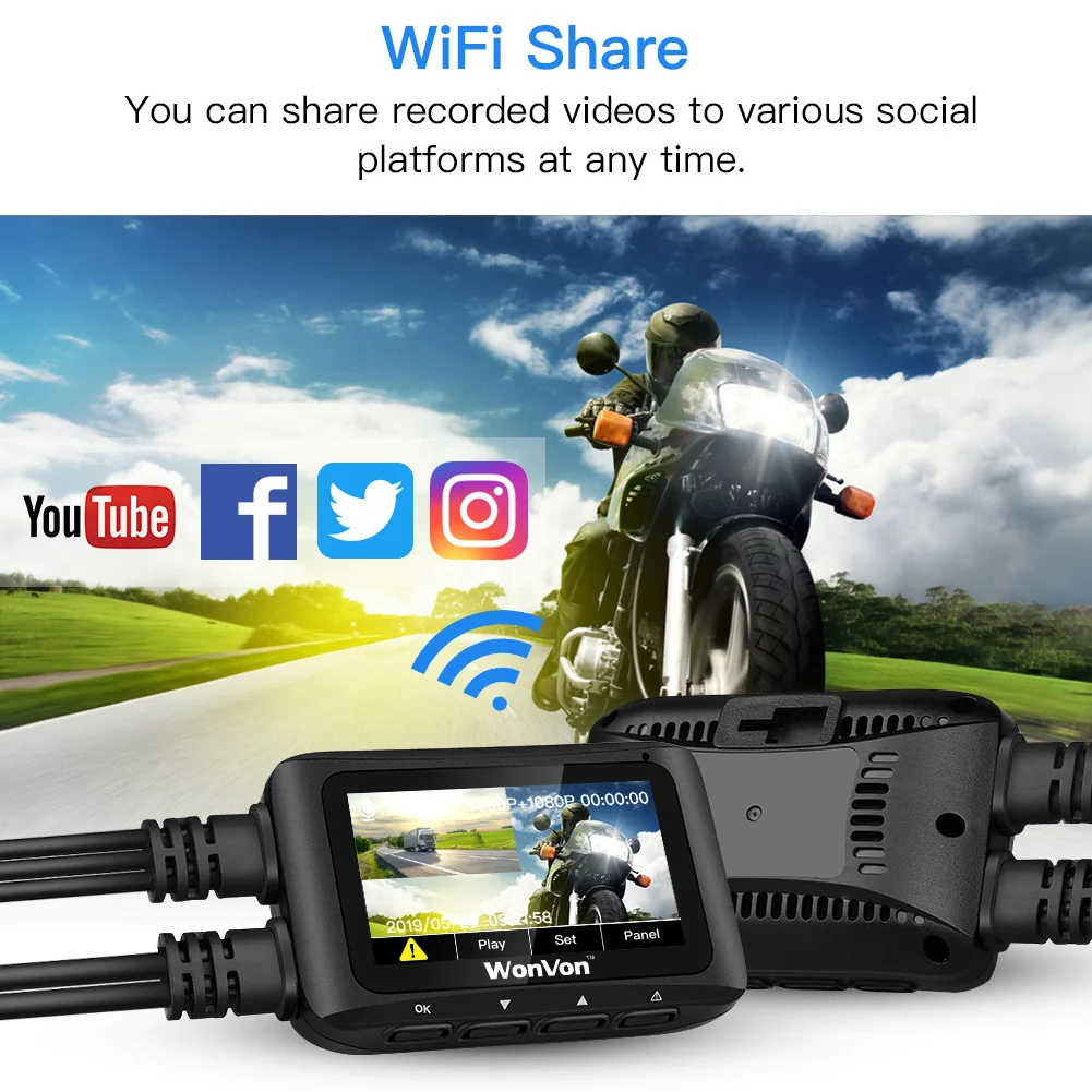 WONVON MT1 мотоциклетный видеорегистратор с Wi Fi камера 1080P HD мотоцикл двойной DVR