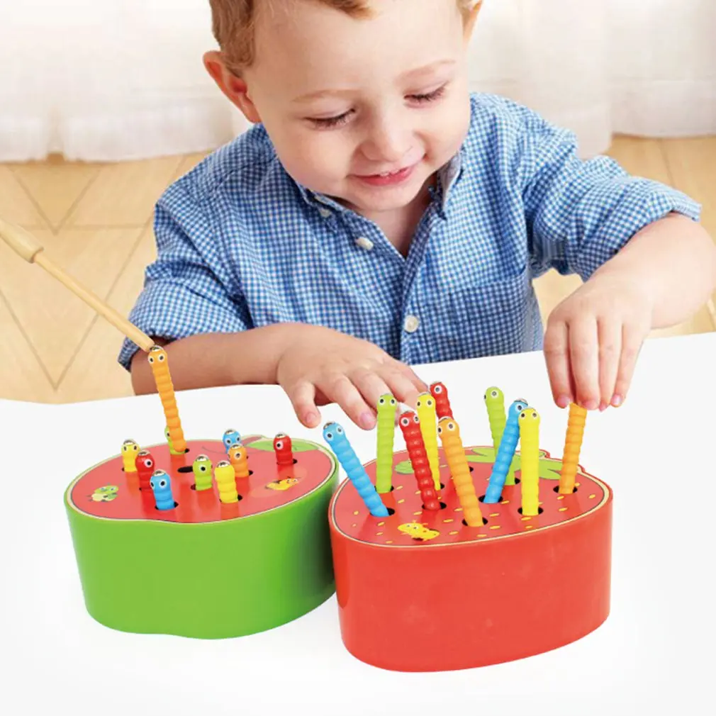 Детские 3D деревянные игрушки Apple Srewberry игры Поймай червей с магнитной палочкой
