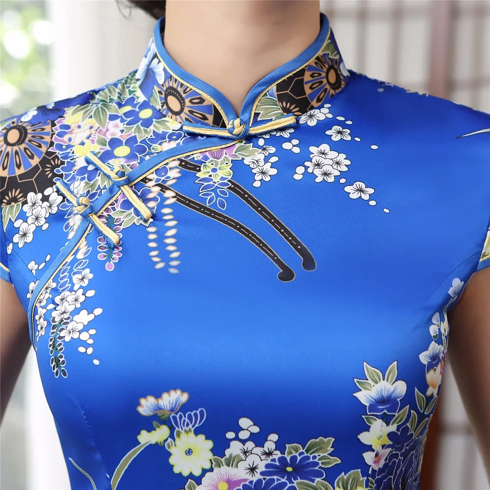 Шанхай история из искусственного шелка Китайская традиционная одежда Китайский стильное платье долго Cheongsam короткий рукав Qipao для женщин