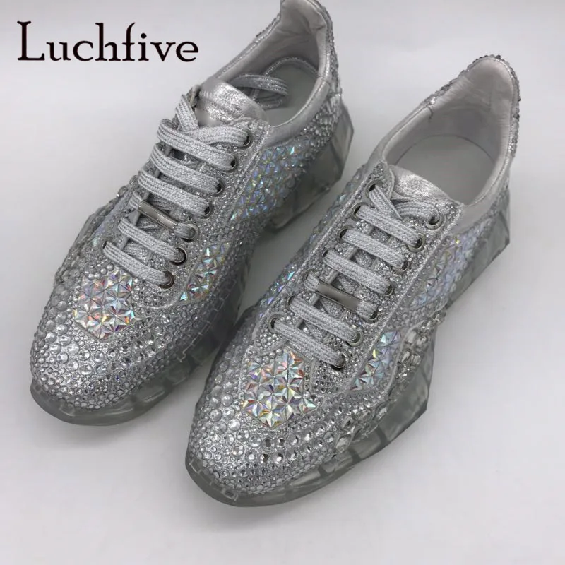 

Rhinestone Clear Heels Women Casual Shoes Genuine Leather Round Toe Female Outwear Lace Up Crystals Runaway Platform Shoes Woman