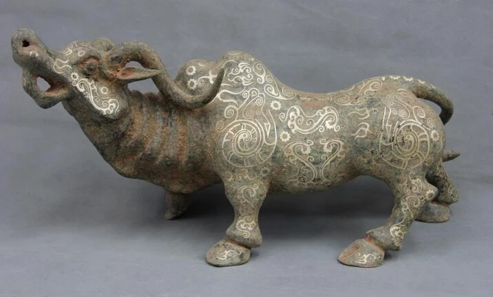 

S0625 Chinese Folk Collect Old Bronze silver-gilt Evil Lucky Rhinoceros OX Bull Statue D0318