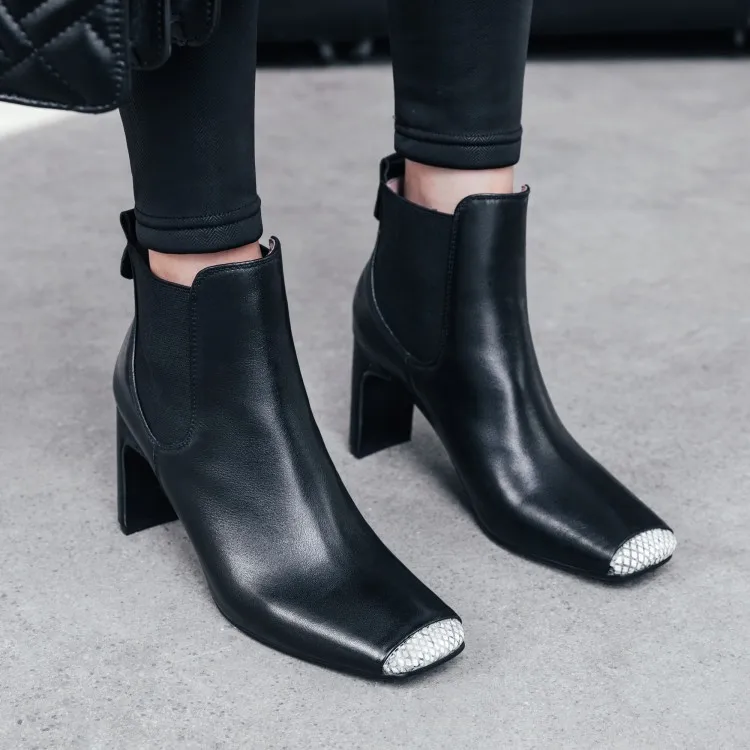 

2020 Winter New Black Leather Boots Chic Square Toe Patchwork Block Heel Ankle Boots Formal Shoes Women