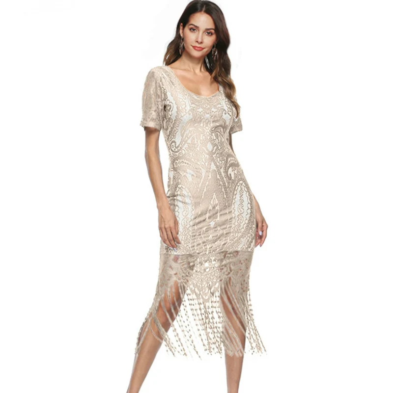 

Women's Vintage V Neck Tassel Hem Lace Dress Sheath Bodycon Dress Women Cocktail Party Dresses