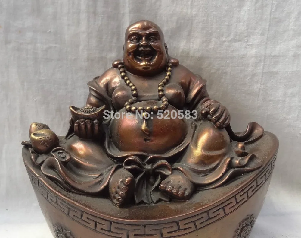 

free 9" Chinese Pure Bronze Peach Coin Maitreya Buddha On YuanBao Statue fast