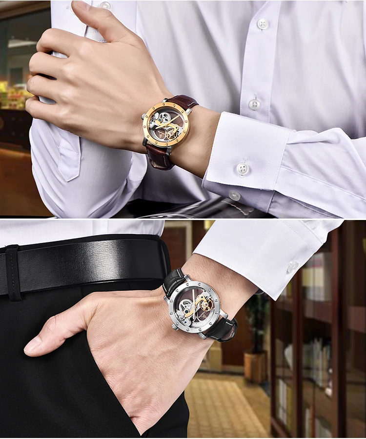 Ik-ветряные автоматические механические часы для мужчин лучший бренд класса люкс розовое золото корпус из натуральной кожи Скелет часы relogios masculino