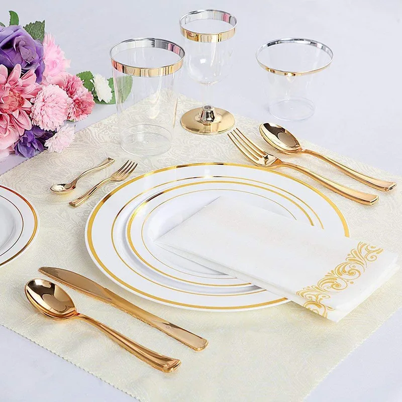 150 шт Роскошная розовая Золотая посуда пластиковая одноразовая тарелка, чашка, нож, вилка, ложка, вечерние, для свадьбы, для вечеринки в честь Дня Рождения