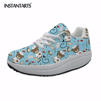 

INSTANTARTS Cute Pediatrics Bear Printed Women Platform Swing Shoes Casual Lace Up Mesh Flat Shoes Fashion Comfort Sneakers Girl