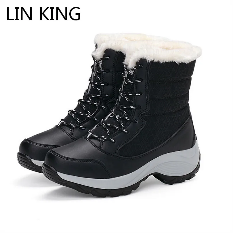 

LIN KING Fashion Lace Up Women Boots Warm Plush Winter Shoes Wedges Ankle Platform Shoes Anti Skid Height Increase Swing Shoes