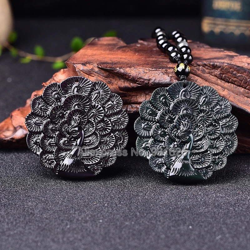 

Beautiful Natural Rainbow Eye Obsidian Carved Chinese Spread Peacock Lucky Pendant + free Black beads Necklace fashion Jewelry