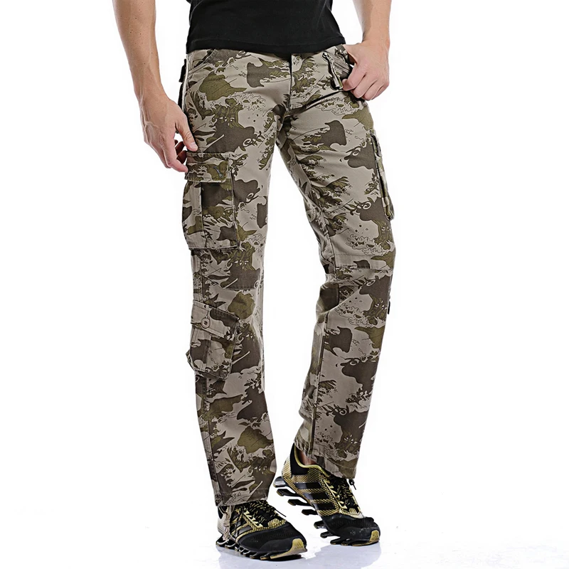 Shujin Camouflage Print Pants Autumn Casual Loose Pantalones Hombre Multi Pocket Military Sweatpants Zipper Fly Cargo Joggers