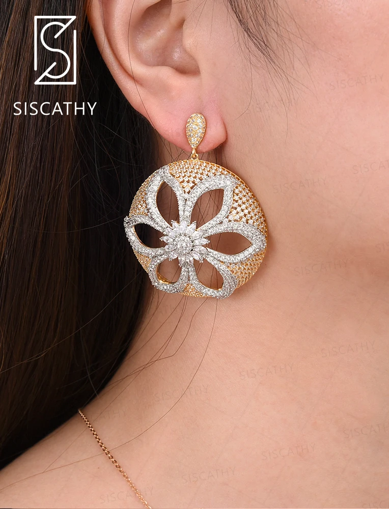 

SISCATHY Deluxe Big Round Blossom Hollow Cubic Zirconia Drop Dangle Earrings African Bridal Wedding Engagement Jewelry Earrings
