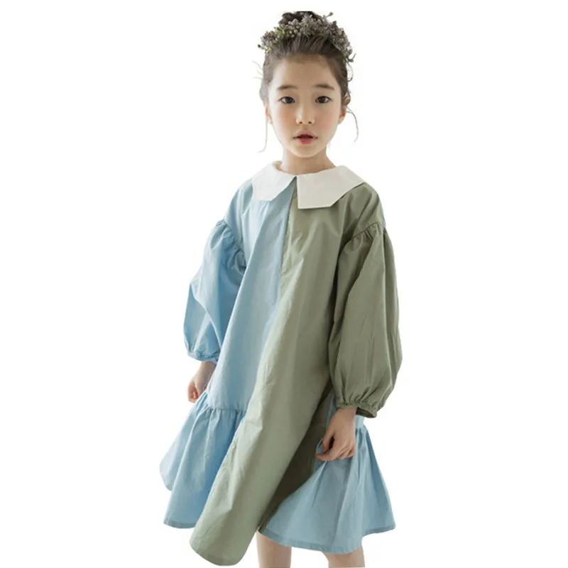 

4 to 16 years kids & teenager girls spring summer color block button-back cotton flare dress children fashion formal dresses
