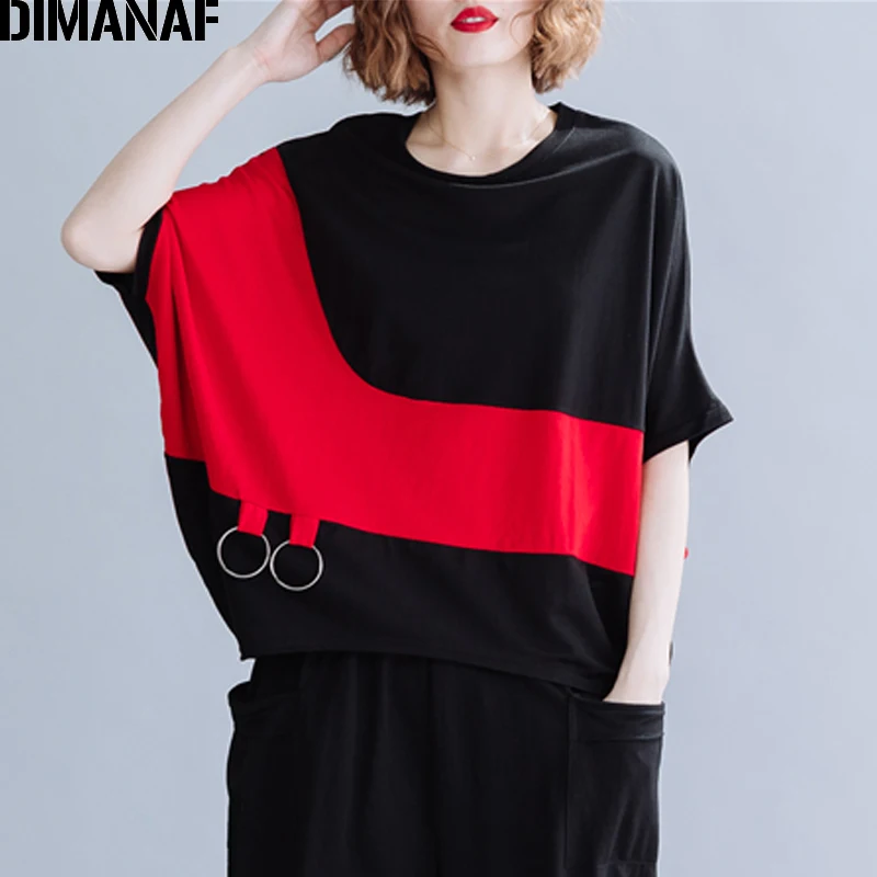 DIMANAF, женская летняя футболка размера плюс, рукав летучая мышь, хлопок, пэтчворк, красный, черный, женская мода, повседневные топы, туника с круглым вырезом, футболка