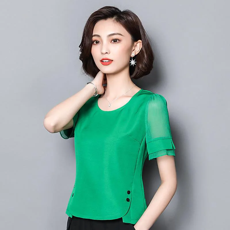 

Women Spring Summer Style Chiffon Blouses Shirts Lady Casual Short Sleeve O-Neck Slim Chiffon Blusas Tops DF2781