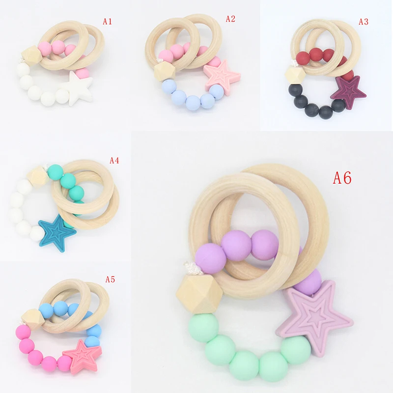 

New Silicone beads baby teething bracelet natural wooden ring chewable teether toy