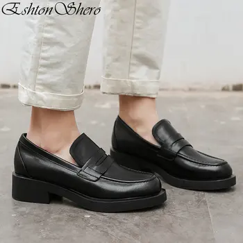 

EshtonShero Women's Shoes Woman Pumps Cow Leather Low Heels Platform Mules Slip On Round Toe Ladies Wedding Shoes Size 4-9