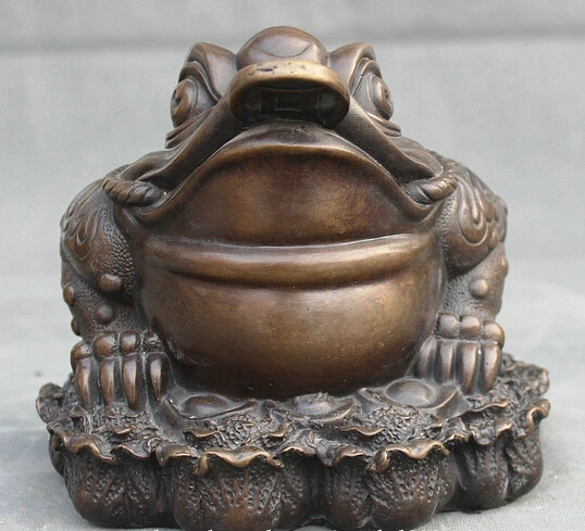 

wholesale factory 8" Chinese Bronze Yuan Bao Coin Golden Toad Spittor Frog Wealth Cabbage Statue