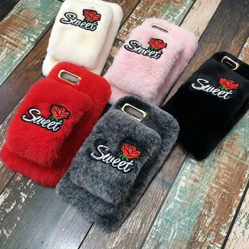 Tfshining Fur Case For iPhone X XR XS Max Lovely Winter Plush Furry Sweet Rose Silicone Phone Case Cover For iphone 6s 7 8 plus (3)