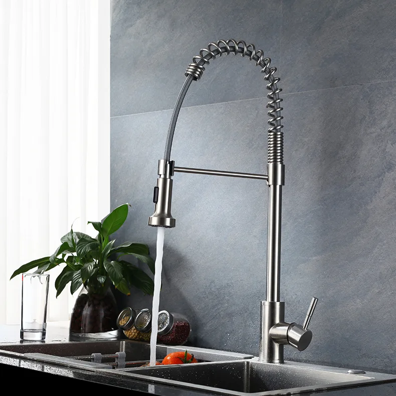 

304 Stainless Steel Pull Down Kitchen Faucet Dual Spouts 360 Swivel Handheld Shower Kitchen Mixer Crane Hot Cold