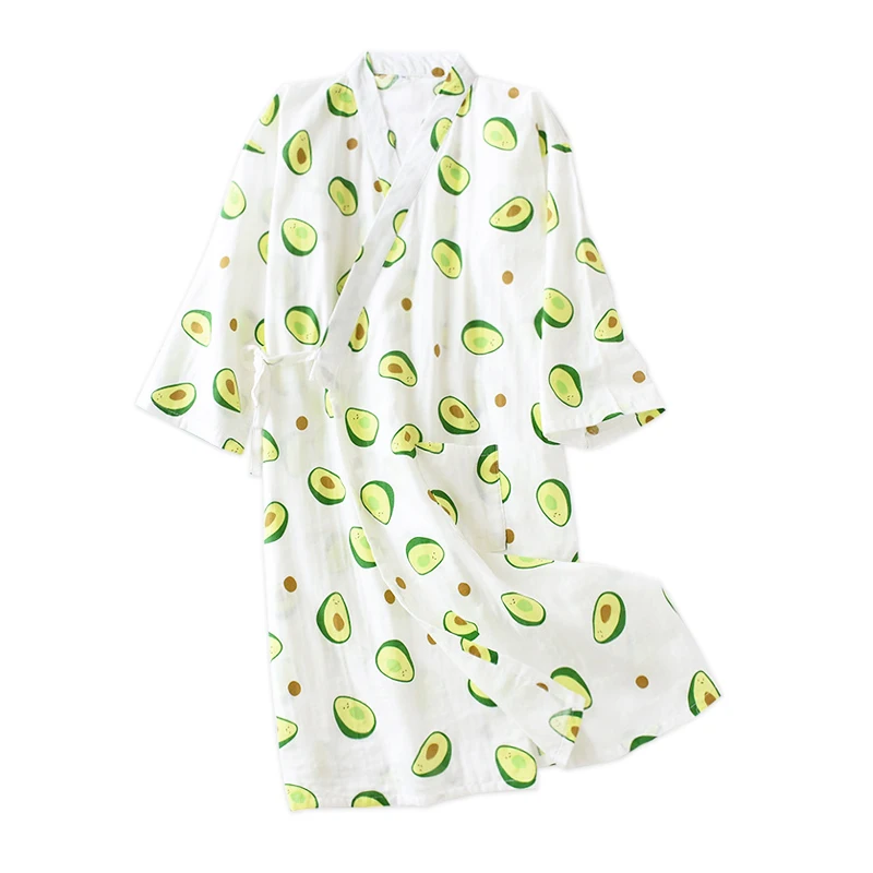 

Fresh sweet avocado summer 100% cotton Japanese kimono robes for women long sleeve women robes sexy cute Cartoon bathrobes