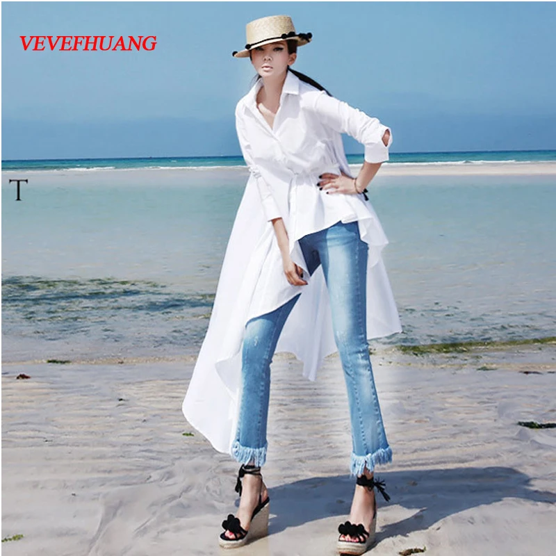 

Korean Style Spring Autumn Women Long Blouse Turn-Down Collar White Black Irregular Female Tunic Solid Cotton Casual Blouses