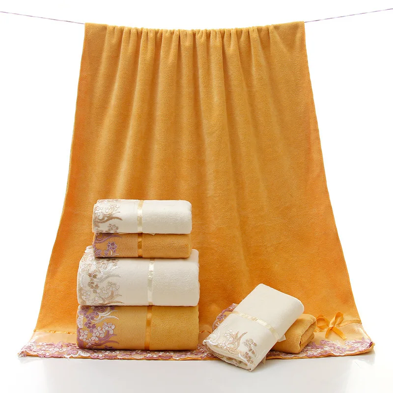 Lace Border Embroidered Microfiber Face Bath Towel Set Super Soft Absorbent Towels Bathroom Home Wedding Decoration 3Pcs Set bath towels face towel microfiber towel set