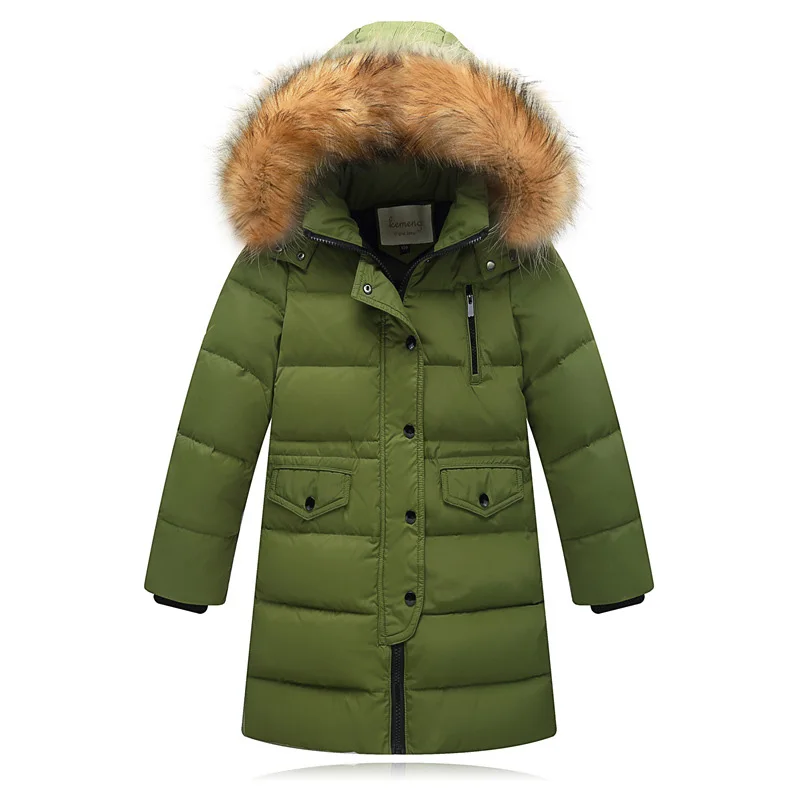 Children Clothing Winter Jacket for Girls Warm Down Jacket Fur Collar Hooded Outerwear Coat Kids Parka 4 6 8 10 12 13 Years - Color: Army green