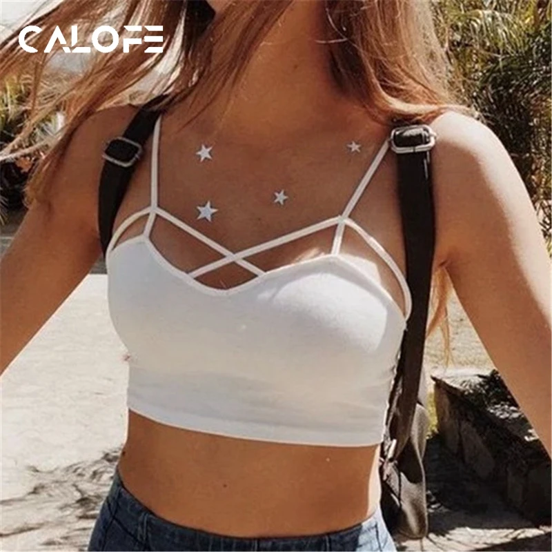 

CALOFE 2018 New Sexy Women Cut Out White Bra Bustier Crop Top Bralette Strappy Crochet Cropped Blusas Bandage Halter Tank Tops
