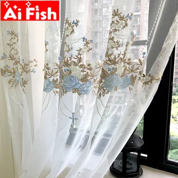 

European Luxury Lace Blue Embroidered Curtains Sheer For Living Room Pink Window Screen Kitchen Tulle Curtains Drapes M063#30