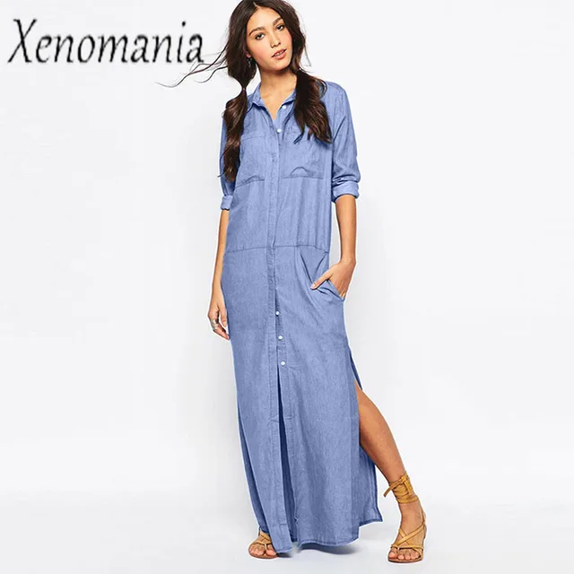 Denim Robes Femmes Plus La Taille Robe À Manches Longues Maxi Robe chemise Robe Jeans 2018