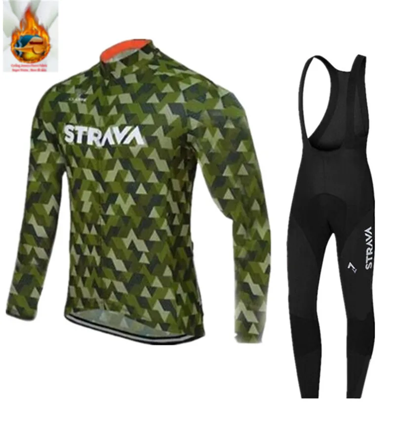 

2018 Winter TEAM STRAVA New thermal fleece Cycling JERSEY Bike Pants set mens 9D pads Ropa Ciclismo Cycling wear Maillot Culotte