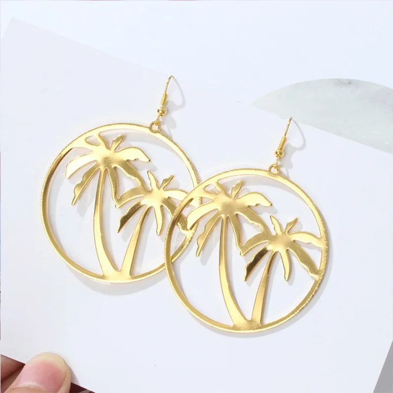 Women Fashion Exaggerated Big Circle Coconut Tree Leaves Hollow Out Street Drop Earrings Summer Beach Earrings