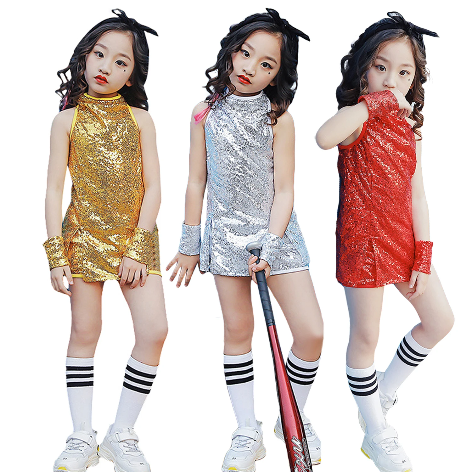 

3PCs Girls Sequins Jazz Street Dance Costume Cheerleader Stage Performance Clothing Set Crop Tops Dress Shorts