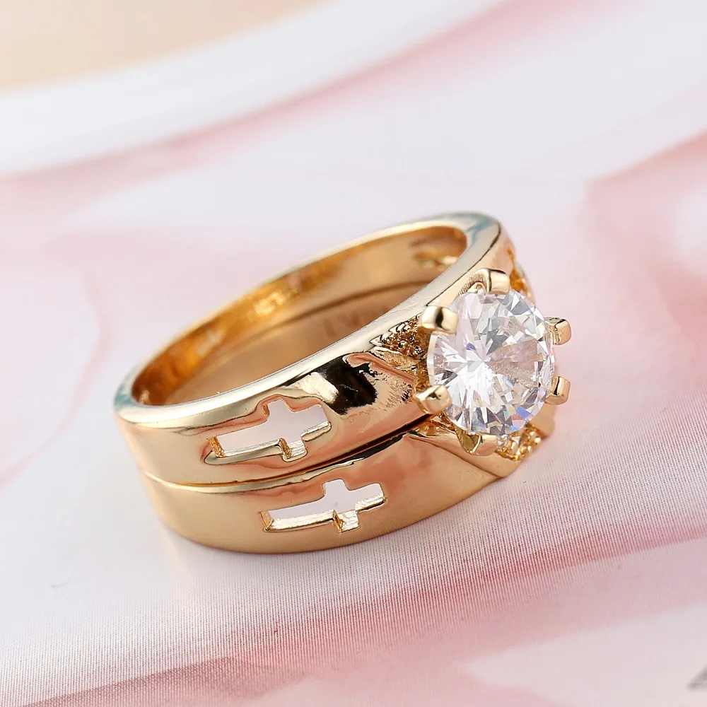 Anti Allergy Cubic Zirconia Paved Engagement Jesus Cross couple Rings Sets Gold Color Crystal Wedding Jewelry For Women Anel