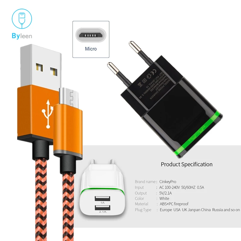 

Byleen Orange Micro USB Date Sync & Charging Cable Portable LED Light Charger Wall Adapter For Samsung S7 S6 Cubot x18 h3 r9 r11