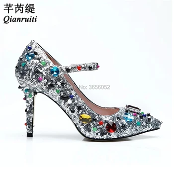 

Qianruiti Designer Ladies Mary Janes High Heels Colorful Gemstone Beaded Party Wedding Shoes Woman Silver Glitter Crystal Pumps