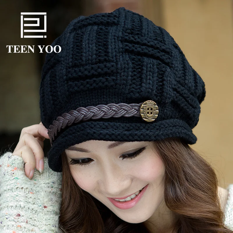 

2017 New Fashion Autumn and Winter Knitted Warm Cap 2 Layers With Brushes Hat Solid Warm Skulies and Beanies For Women